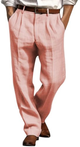 Pantaloni lunghi da uomo, traspiranti, in tinta unita, per il tempo libero, con pieghe in vita, casual, in lino, eleganti, Colore: rosa., S