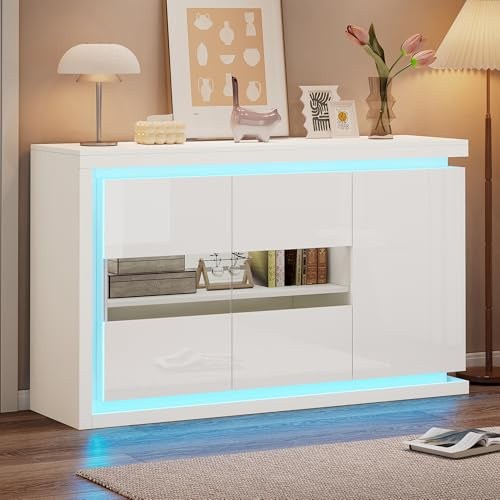 Kayan Kommode, Hochglanz Sideboard mit 3 Türen, Beistellschrank mit LED Beleuchtung (App Control), Mehrzweckschrank für Wohnzimmer und Schlafzimmer, 140 x 40 x 84 cm, Weiß