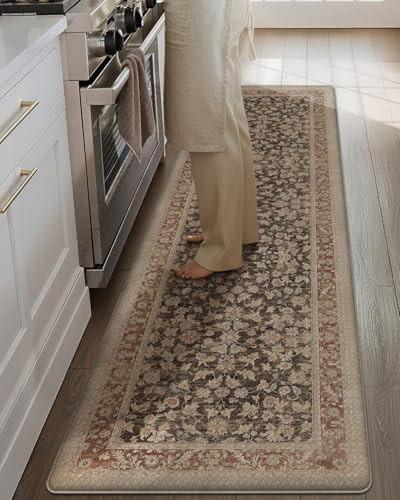 COLOR&GEOMETRY 10mm Vintage Küchenläufer rutschfest, 60x220cm, Helles Taupe | Boho Küchenmatte aus Leder, Wasserfeste & ölbeständige Stehmatte, Küchenteppich Anti-Ermüdungs für Küche