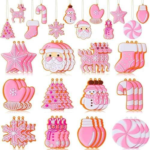 Decoraciones para árbol de Navidad, color rosa, 12 unidades, adornos de decoración de Navidad de doble cara para árbol de Navidad (rosa)