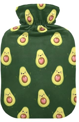 Cute Avocado Fruit Black Hot Water Bottle with Cover for Pain Relief Heating Bottles for Cramps, 1L