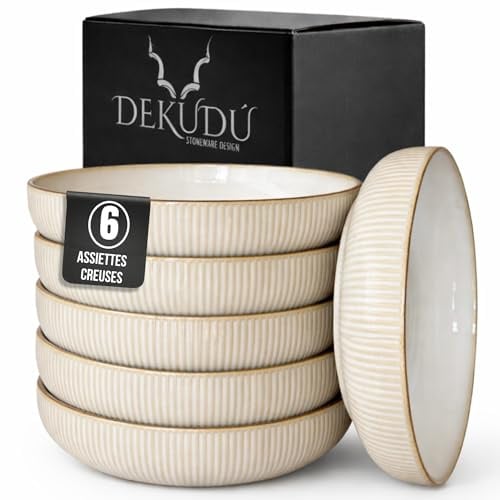 DEKUDÙ Pastateller Tief Suppenteller Tiefe Teller Steingut Teller set - Handgefertigt - Hochwertiges Steinzeug- 6 Stück - Ø 19,5cm-Steingut Geschirr-Spülmaschinen Mikrowellen Kratzfest-Beige