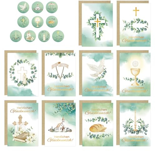 10 Set Kommunionskarten A6, Glückwunschkarten mit Umschlägen und Stickern Klappkarten zur Kommunion Taufe Konfirmation Firmung für Mädchen Jungen