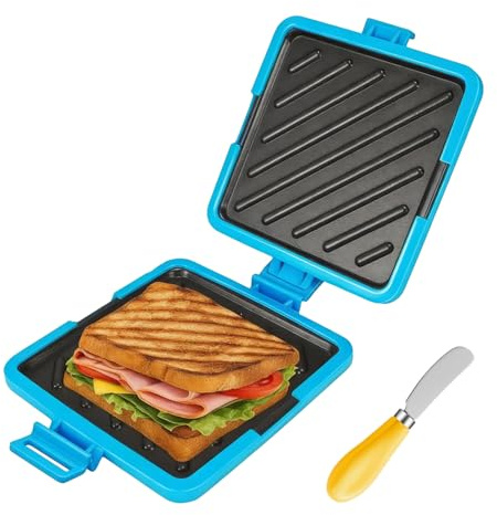Yumzxin Microwave Toastie Maker with Butter Knife - Panini Grill and Sandwich Press, No Electricity Needed, Dishwasher Safe, Portable for Home & Office, Travel Friendly (Blue)