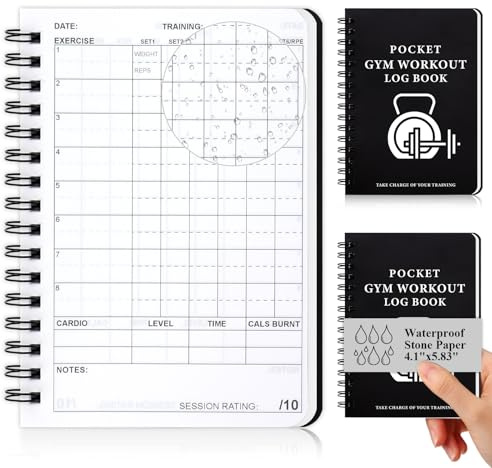 1 Pack Gym Workout Log Book A6 Tracking Goals Setting Pocket Fitness Diary Mini 120g Stone Paper Waterproof Training Planner Small Sweatproof 100 Page Gym Accessories for Men Women Black