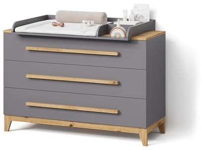 Livinity Wickelkommode Mailo Grau/Artisan | XL mit 3 SchubladenFunktionale Organisation für kleine Räume