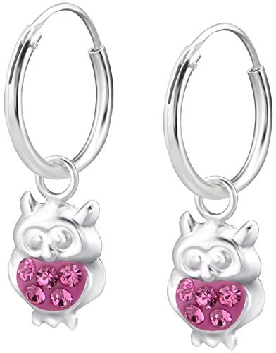 JAYARE Ohrringe Mädchen Eulen 925 Sterling Silber Glitzer-Kristalle Kinder Creolen