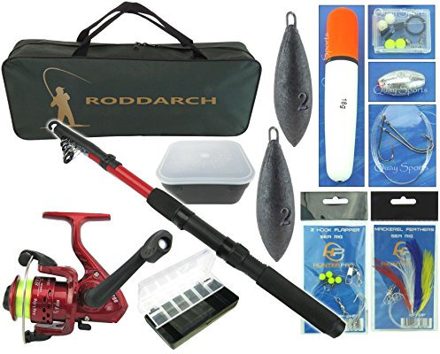 Junior Travel Sea Fishing Kit Set. Rod, Reel, Tackle, Tackle Box Weights & Bag