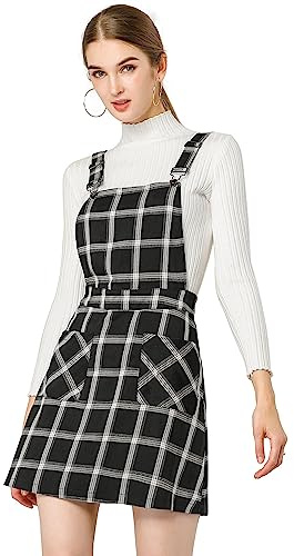 Allegra K Damen Weihnachtskostüme Verstellbarer Riemen Karierter Strapsrock über dem Knie Overall Kleider Tartan Plaid Latzkleid, schwarz-weiß, 46
