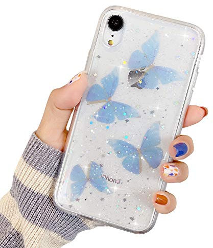 ZTUOK Compatible with iPhone X/XS Case for Women Girls,Bling Glitter Silicone Bumper Cover Cute Blue Butterfly Sparkle Stars Design Clear Soft TPU Case for iPhone X/XS-Four Butterflies