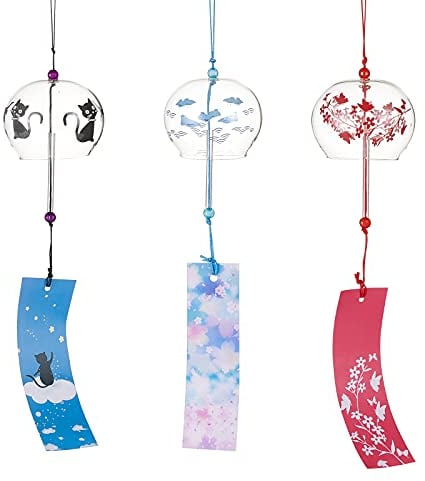 BENECREAT 3PCS Japanische Windspiele Rot/Blau/Schwarz Glas Windglocken Handgefertigte Anhänger Für Geburtstagsgeschenke Und Wohnaccessoires