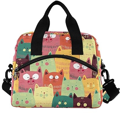ALAZA Lunch Bags for Women Girls Boys, Cute Cats Colorful Pattern Insulated Lunch Box with Shoulder Straps and Handle, Crossbody Tote Lunch Bag for School Office