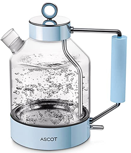 Electric Kettle, ASCOT Glass Electric Tea Kettle 1.5L 2200W Tea Heater & Hot Water Boiler, Borosilicate Glass, BPA-Free, Auto Shut-Off and Boil-Dry Protection (Blue)
