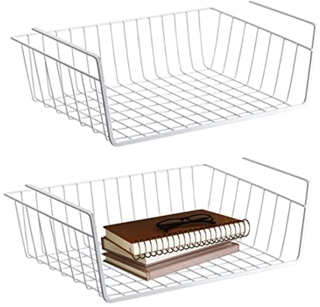Cesta de Almacenamiento para Debajo del Armario - 2 Cestas Colgantes de Metal para Cocina, Oficina, Despensa, Baño (Blanco)