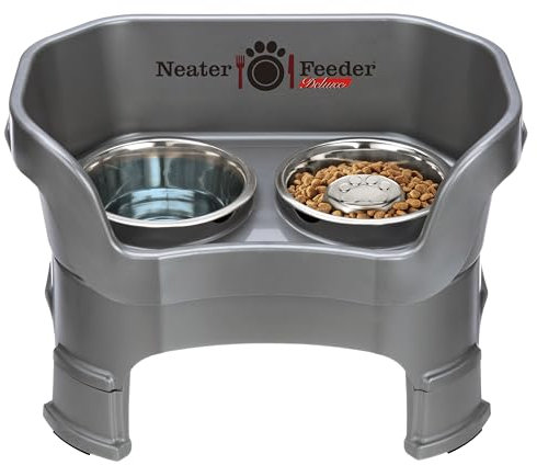 Neater Feeder Deluxe Medium Mess Proof Feeder for Medium Dogs, 1 Cup Slow Feed Bowl & 5 Cup Stainless Steel Water Bowl, Adjustable Height, Elevated, No Spill, Non-Tip, Non-Slip. Made in USA