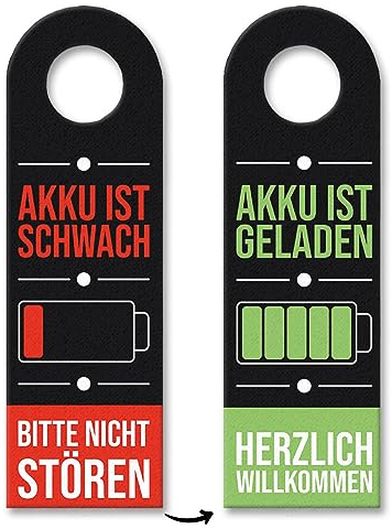 Akku ist schwach oder geladen Türhänger mit Ladebalkenanzeige für das Schlafzimmer oder das Büro mit Batterie Motiv aufladen leer müde wach