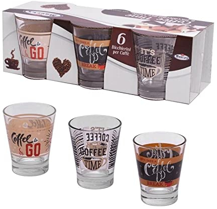 MAURY'S 6 BICCHIERI IN VETRO 5x7h CM DA CAFFÈ CON DISEGNO ASSORTITO