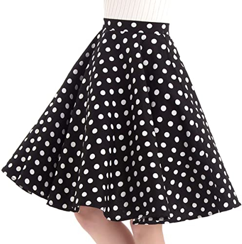Damen Polka Dot Vintage Swing Rock 1950er Jahre Midirock Cocktail Abendkleid Kirsche Blumendruck Sommerrock A-Linie Empire-Taille R?cke Kniel?Nge Tellerrock Schwarz L