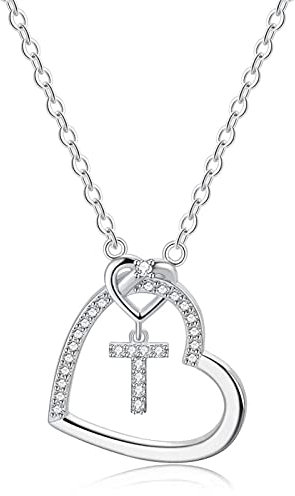 LIHELEI Damen Halskette Herz Buchstabe 925 Silber Kette Damen Personalisiere Kette, Geburtstags und Weihnachten Geschenk Für Frauen Mädchen Mama Freundin - T