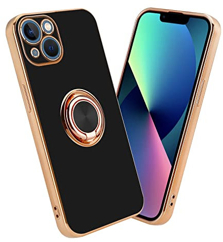 Cadorabo Hülle kompatibel mit Apple iPhone 13 Schutzhülle TPU Silikon Case mit Ring Design mit Kameraschutz Slim Kratzfest Weiche Gummi mit Rundumschutz Case Hülle für iPhone 13 in Schwarz