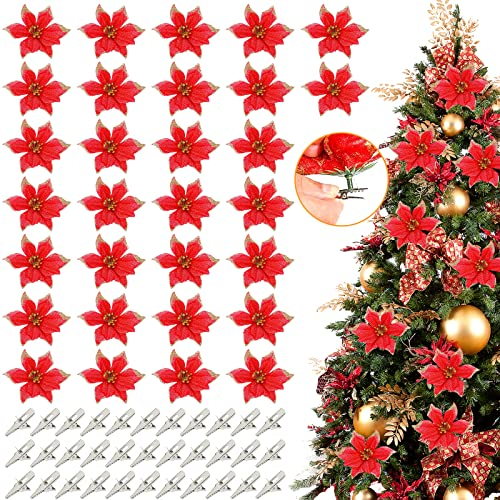 Weihnachten Blumen, 30 Stück Glitzer Künstliche Weihnachtsblumen,Weihnachtsstern Christbaumschmuck,Weihnachten Blumen Deko,Künstliche Weihnachten Blumen mit 30 Stück Clips für Weihnachtsbaum (Rot)