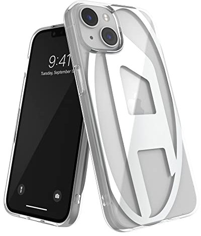 Diesel Hülle Designed für iPhone 14 / iPhone 13, Klare Schutzhülle, Stoßfest Fallschutz, Kabelloses Laden kompatibel, Oval-D Logo, Silber