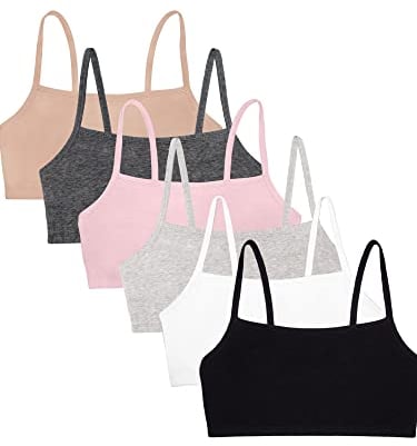 Fruit of the Loom Women's Spaghetti Strap Cotton Pullover Sports Bra Value Pack, Opaque, Sand/White/Heather Grey/Black/Blushing Rose/Charcoal, 38 (Pack of 6)