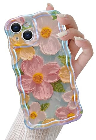 QLTYPRI Case for iPhone 14, Laser Colorful Retro Oil Painting Flower Pattern Cute Curly Wave Frame Exquisite Phone Case for Girls Women, Shockproof TPU Protective Phone Cover for iPhone 14 - Green
