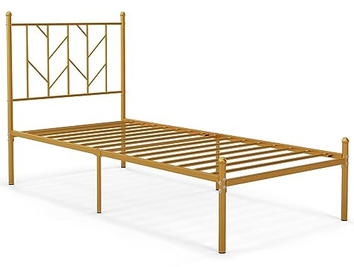 Multigot Single/Double Bed Frame, 3FT/4FT6 Metal Slat Support Bedstead with Headboard, Modern Bed Base for Adults Kids, No Box Spring Needed (197 x 91 x 114 cm, Gold)