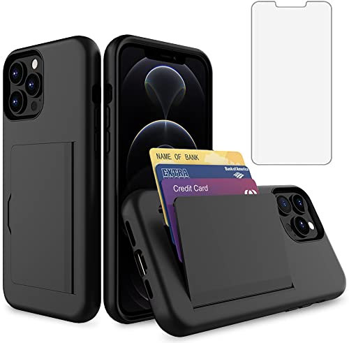 Asuwish Phone Case for iPhone 13 Pro 6.1 inch with Tempered Glass Screen Protector Cover and Credit Card Holder Stand Slim Hybrid Cell iPhone13Pro 5G i i-Phone i13 iPhone13 13Pro Women Men Black