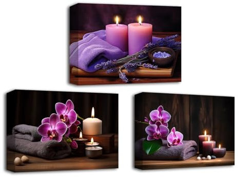 CXHOSTENT Zen Wandbilder 3 Paneele lila Orchidee Lavendel Kerze und Badetuch Leinwand Kunstdrucke Zen Meditations Leinwandbild für Yoga Dekoration (B, 28.00 x 35.00 cms x 3PCS)