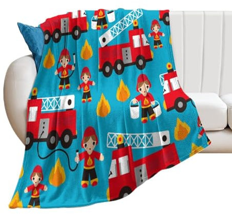 NIBABAEU Decke, Feuerwehrmann, Feuerwehrauto, weich, flauschig, kuschelig, bequem, für Couch, Sofa, Bett, 75 x 100 cm