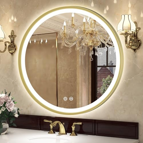 S'bagno Badspiegel mit Beleuchtung 60 cm, Spiegel Rund mit Beleuchtung mit Aluminiumrahmen, Entfoggen, 3000-6500K, HD-Gehärtetes Glas, IP44 Bad Spiegel mit Licht Memory-Funktion, Gold