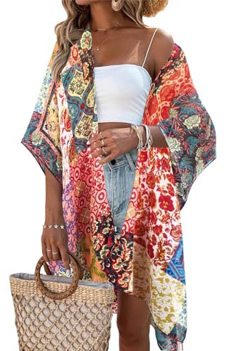 Breezy Lane Kimono da donna floreale cardigan bikini spiaggia copertura casual costumi da bagno per le vacanze, Boho Arancione, Taglia unica