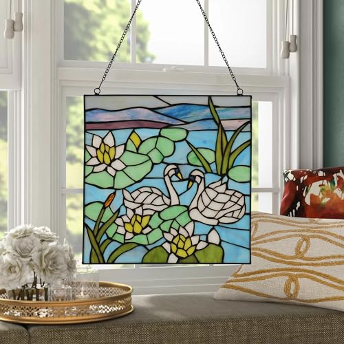 YOURANJU Quadratisches Buntglas-Fensterpaneel, handgefertigt, Tiffany-Stil, 30,5 cm, perfekt für Wohnzimmer, Schlafzimmer, Küche, Dekoration, Einweihungsgeschenk (Schwan)