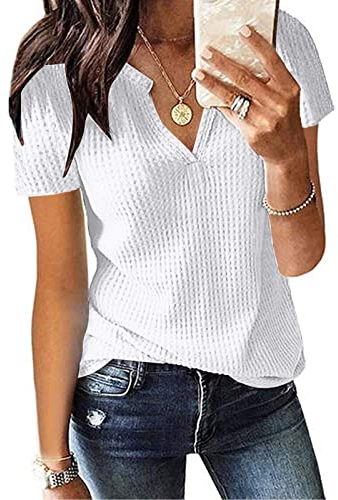 Kurzarm Bluse Damen Elegant V-Ausschnitte Oberteile Leichtes Lose Sommershirts Einfarbig Damenblusen Waffel Strick Hemdbluse Top T-Shirt Tunika