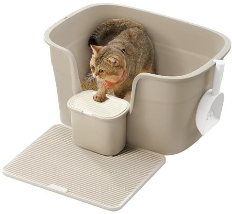 Feandrea Katzenklo, extragroße Katzentoilette, für Mehrkatzenhaushalte, mit hohen Seitenwänden, Katzenstreumatte, Aufbewahrungsbox, Schaufel, für große Katzen, cappuccinobeige PPT003K01