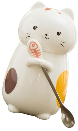 PURPLELILY Taza de leche de porcelana con forma de gatos con tapa y cuchara, juego de vasos de animales con cuchara y tapa para oficina con cuchara y tapa