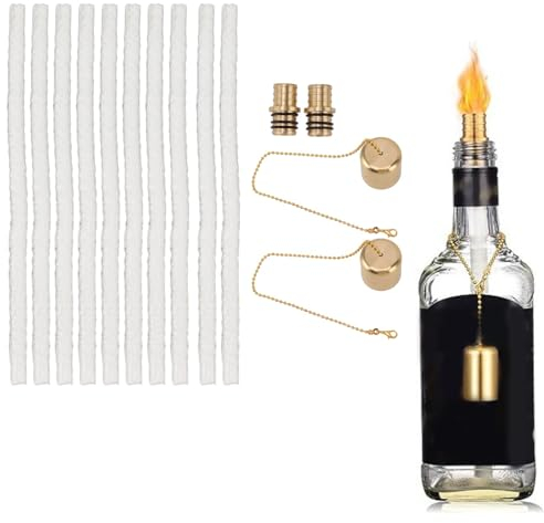 14 Pieces Wine Bottle Torch Wicks Kit, Outdoor Patio Backyard Torches Lights, 10 Brass Torch Wick Holder with Washer for DIY Homemade Torch Decor