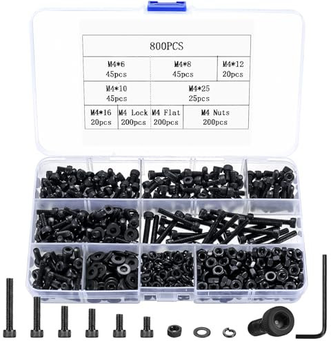 800 Pz M4 Set di Viti Bulloni e Dadi, Viti Bulloni a Testa Esagonale, Viti e Dadi con Rondella, Viti e Bulloni e Dadi Esagonali Set, Viti a Testa Esagonale Nero, Assortimento Bulloni a Testa Brugola
