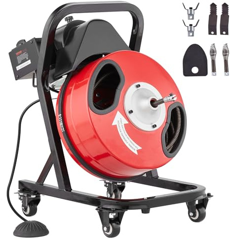 VEVOR Sbloccatubi Elettrico 15m x 1,27cm Macchina per Pulizia dei Tubi Scovolino Manuale con Ruote con 4 Taglierine, Azionamento Pneumatico a Pedale per Tubi da 5-10 cm, Macchina per Pulizia Tubi