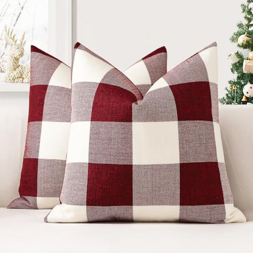 JOTOM 2er Set Buffalo Plaid Kissenbezüge, Dekorative Weich Plaid Wurf Kissenbezug Moderne Kissenhüllen Sofakissen Dekokissen Zierkissenbezug für Wohnzimmer Schlafzimmer Deko (45x45cm, Weiß+Rot)