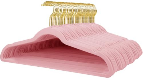 Stormix Confezione Da 52 Grucce in Velluto, 17,3 x 8,9 Pollici Grucce Antiscivolo Con Tacche Sulle Spalle Per Adulti Rosa(Gancio Oro)