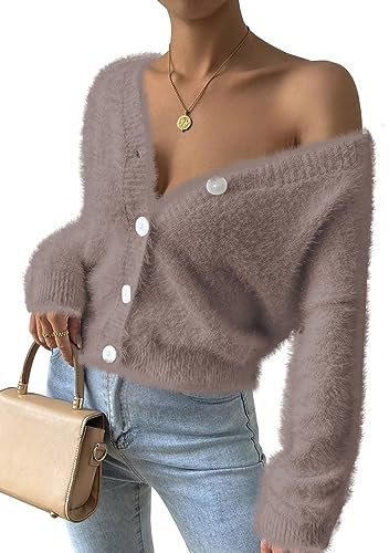 Viottiset Damen Pelzige Strickjacke Vorne Offen V-Ausschnitt Knopfleiste Locker Gestrickter Pullover Mantel Kubanischer Sand L