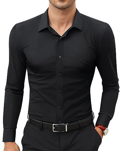 siliteelon Men's Shirt Black Shirts Stretch Slim Fit Shirts for Men Adult Iron Free Men's Casual Business Shirt Sports Athletic Funeral Conferences Concerts,XL