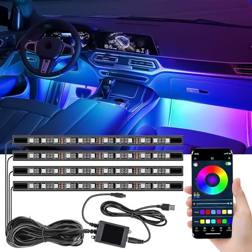 LED Innenbeleuchtung Auto, 4 Stück 48 LEDs Atmosphäre Licht, 5V RGB Ambientebeleuchtung, USB-Port Lichtleiste Mit APP-Steuerung, Mehrfarbig Musik Innenraumbeleuchtung