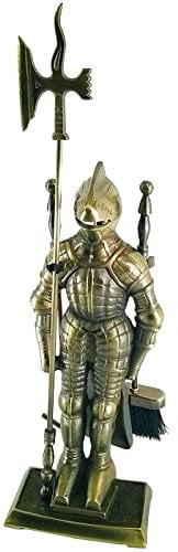 LYLXSF Antique Brass Cast Iron Knight Fireplace Tools Set 4 Pieces Fireplace Companion Set with Shovel Broom and Poker Powder-Coated