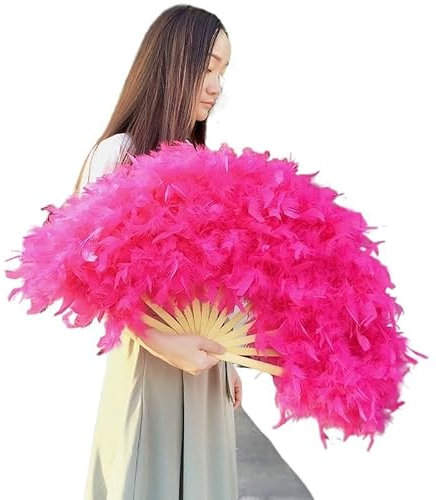 Cmis Kbei 70 * 40cm Large Pink Feather Fan Photography Props Stage Performance Dance Fan Lolita Feather Folding Fan Wedding Party Decoration(Rose Pink)