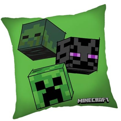Jerry Fabrics Minecraft Kissen – The Mobs Green Design – Offizielles 40 cm x 40 cm quadratisches Kissen – Creeper, Zombie & Enderman Charaktere – weiches Plüschkissen für Kinderzimmer oder Spielzimmer