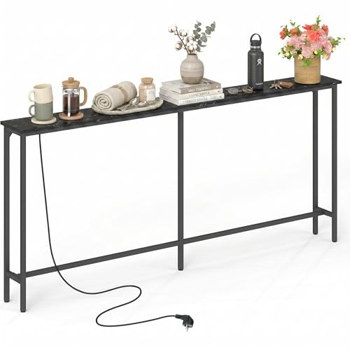 160 cm Breit Konsolentisch Schmal mit Steckdose(Kunstmarmor/1 Stück) | Flur Regal Schmaler Beistelltisch Sofa Couch Tisch für Eingang Flur Foyer Veranda Balkon Wohnzimmer Möbel 160x20x80cm